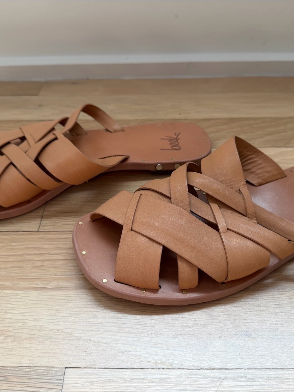 beek Tan Woven Leather Slide Sandals